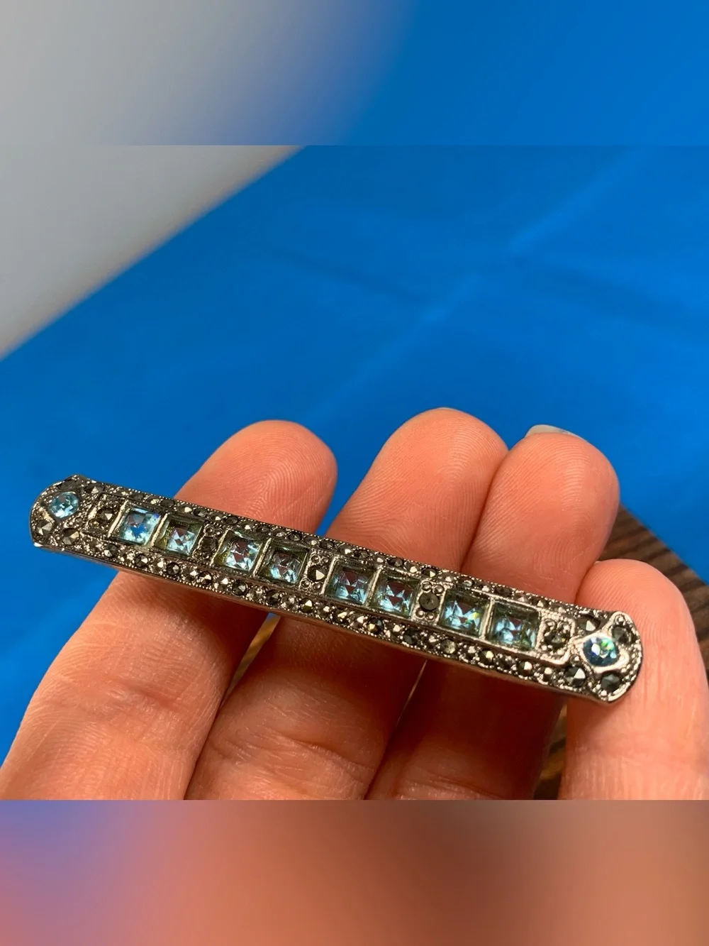 Vintage 1928 Silver Bar Blue Stone Marcasite Pin Brooch Art Deco Revival
